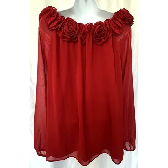 Leslie Fay Flower Rosette Trim Blouse 12 Red Sheer Sexy Romantic Cocktail Party - Picture 4 of 12
